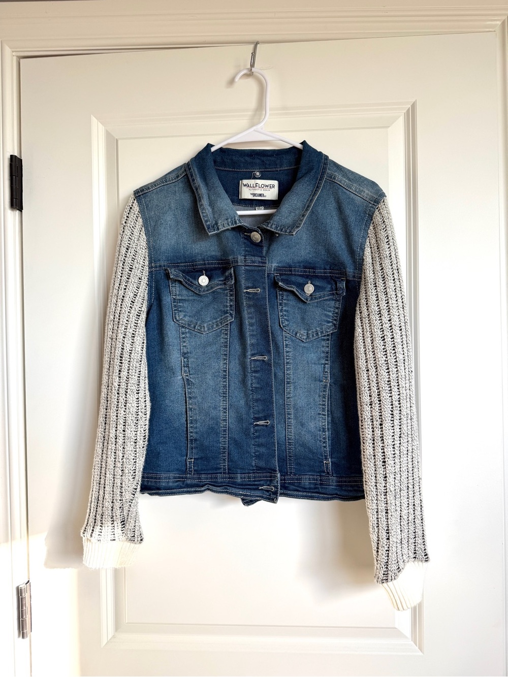 Wallflower Denim Jacket with Cream Knit Sleeves NWOT